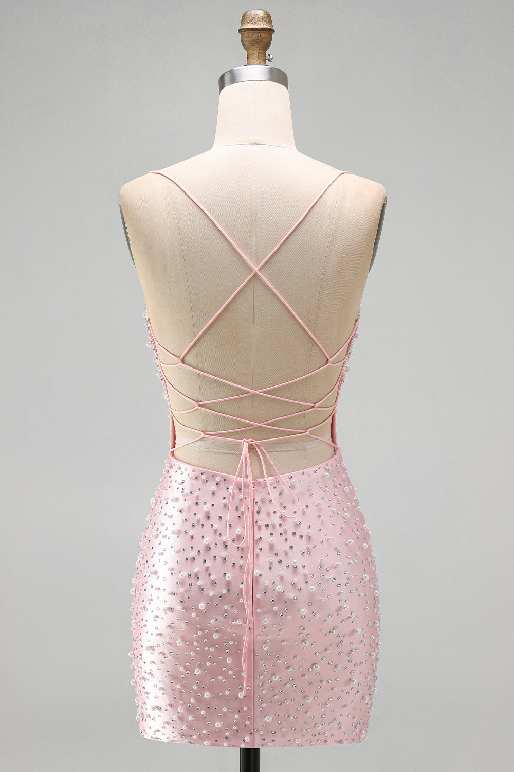 Pink Bodycon Spaghetti Straps Pearls Beaded Short Homecoming Dress