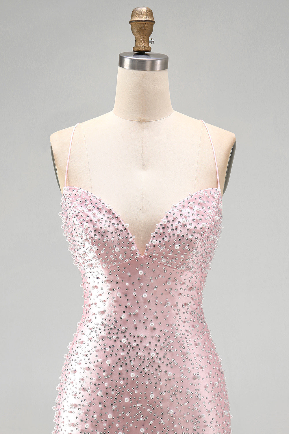 Pink Bodycon Spaghetti Straps Pearls Beaded Short Homecoming Dress