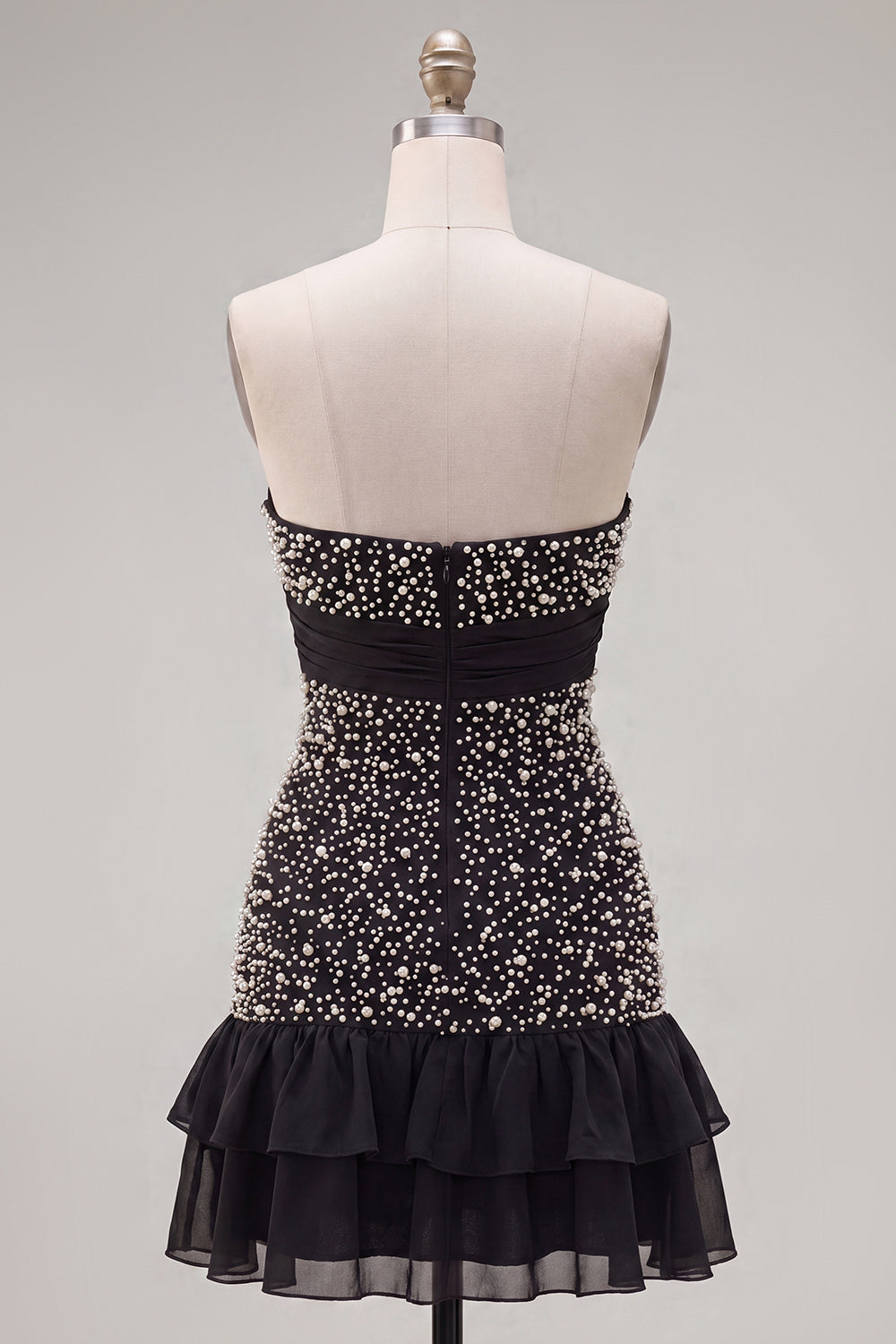 Black Strapless Bodycon Pearl Ruffled Homecoming Dress with Bow