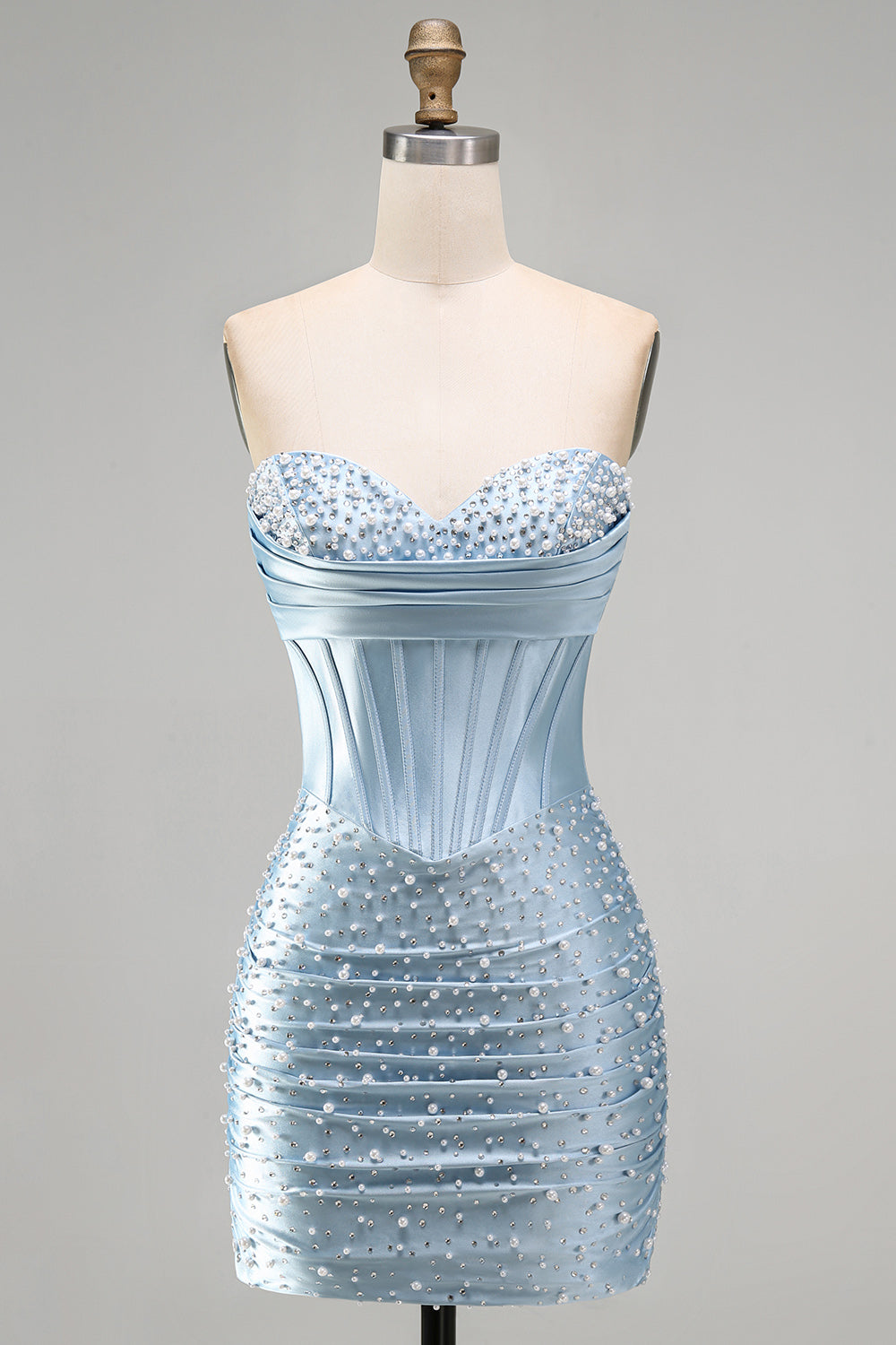 Grey Blue Strapless Bodycon Corset Beaded Pearls Short Homecoming Dress