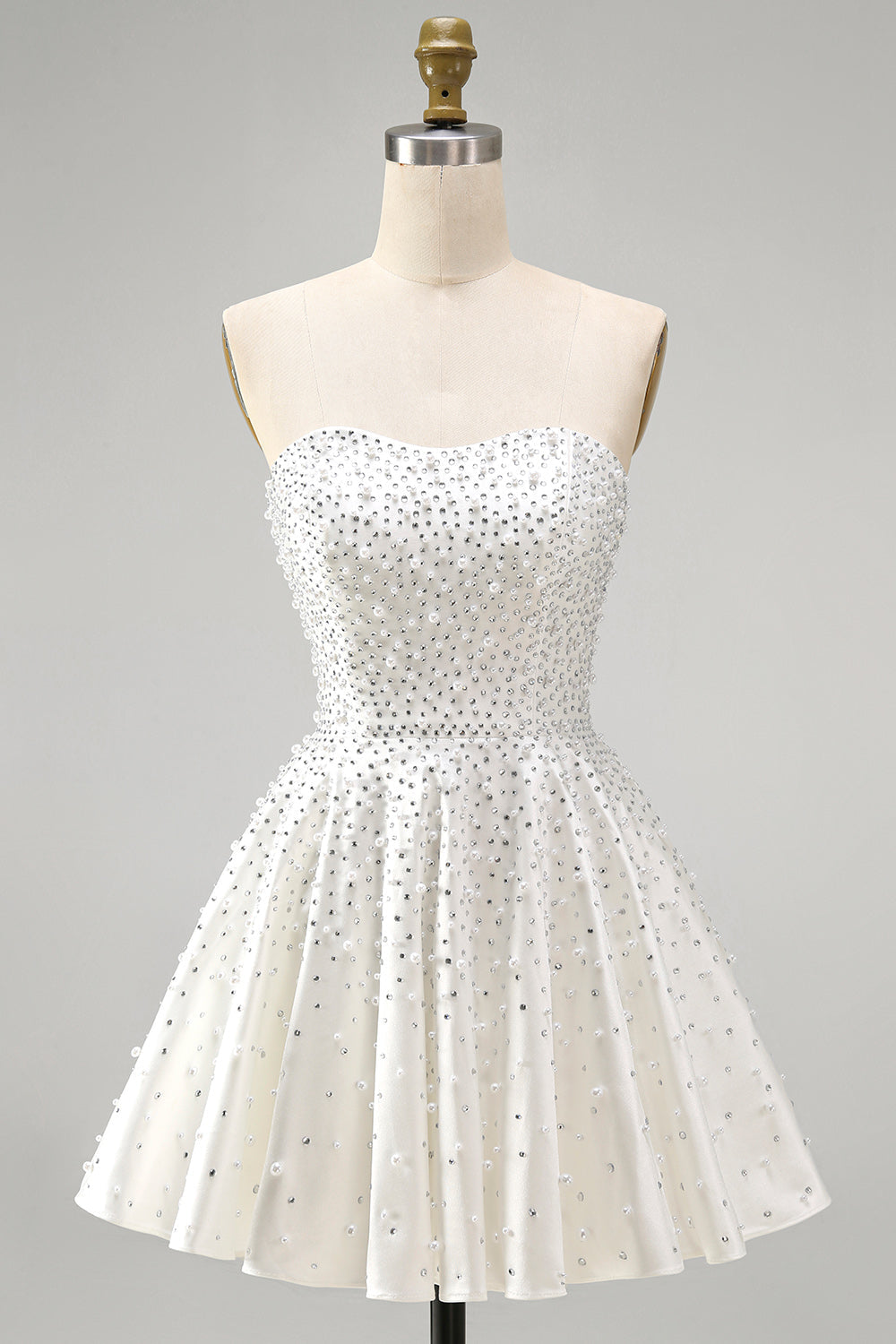 White Strapless A Line Beaded Mini Pearl Homecoming Dress with Ruffles