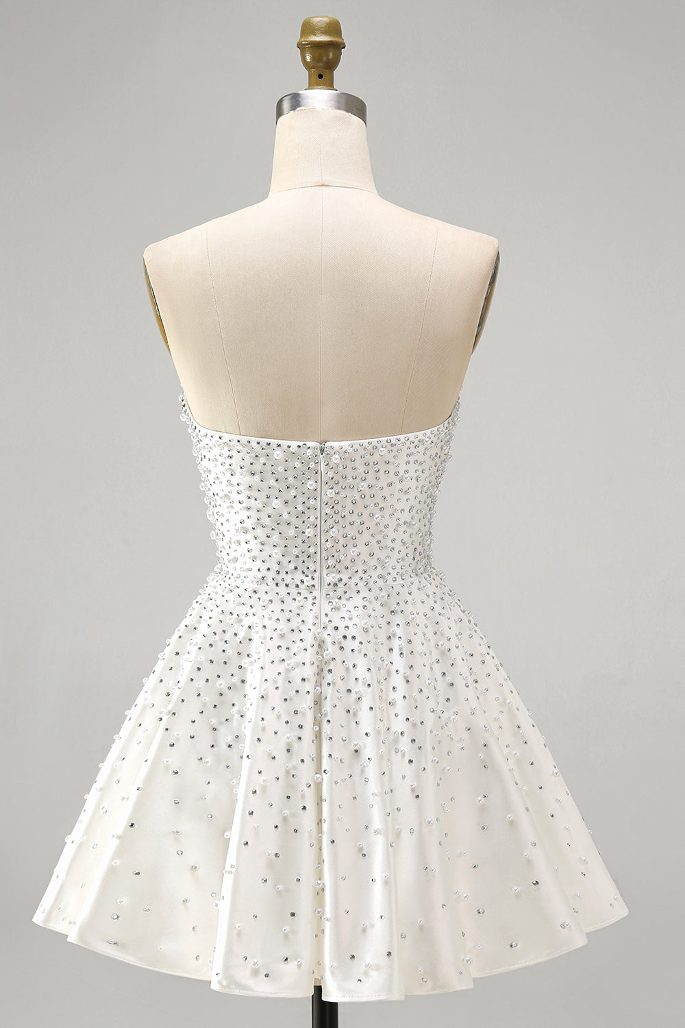 White Strapless A Line Beaded Mini Pearl Homecoming Dress with Ruffles