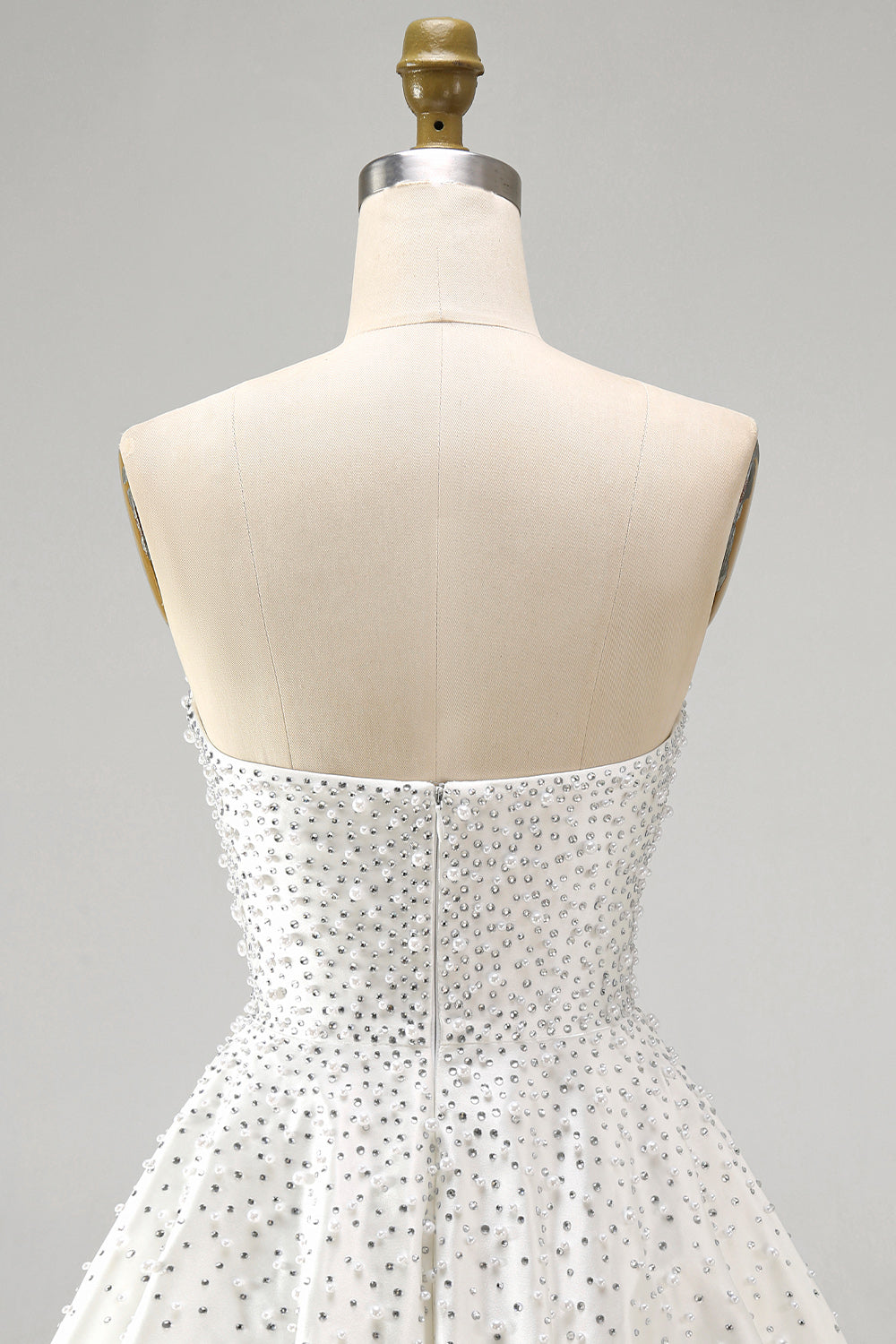 White Strapless A Line Beaded Mini Pearl Homecoming Dress with Ruffles