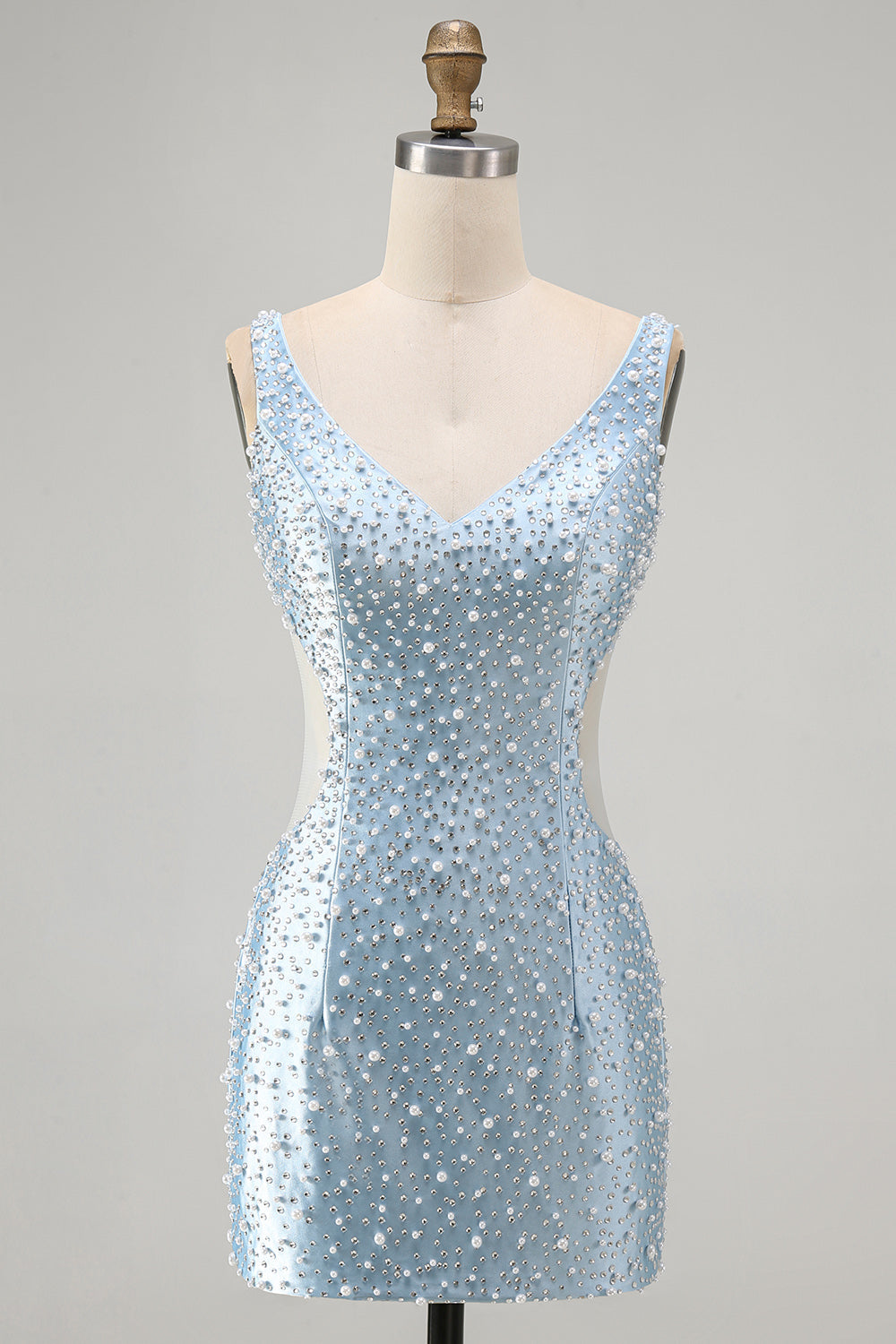 Blue Bodycon V Neck Corset Cut Out Beaded Short Pearl Homecoming Dress