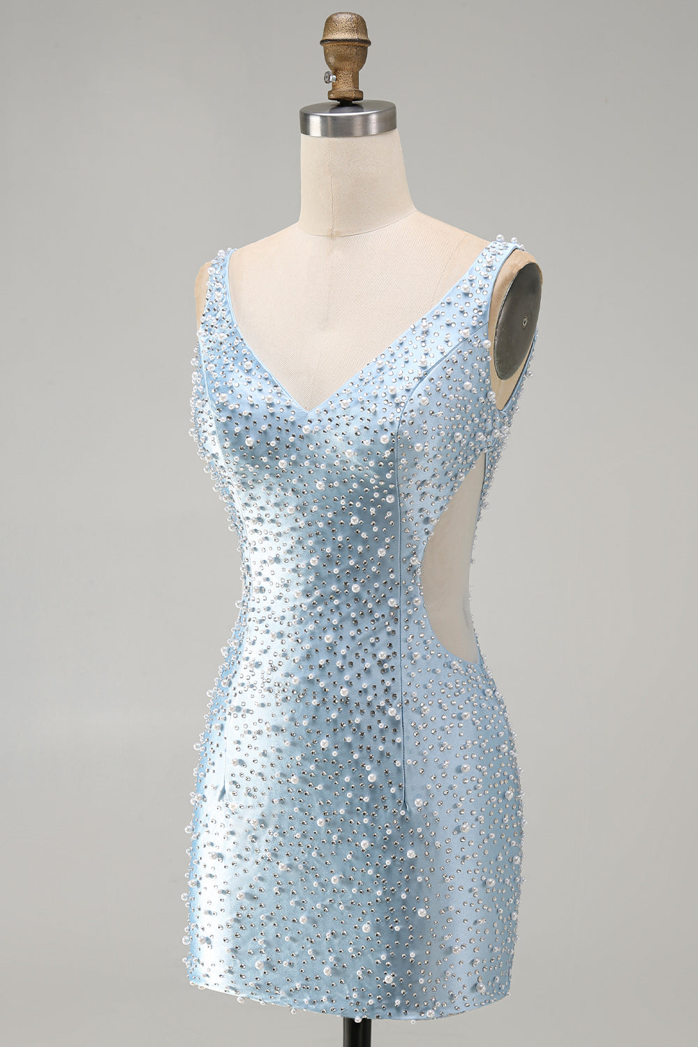 Blue Bodycon V Neck Corset Cut Out Beaded Short Pearl Homecoming Dress
