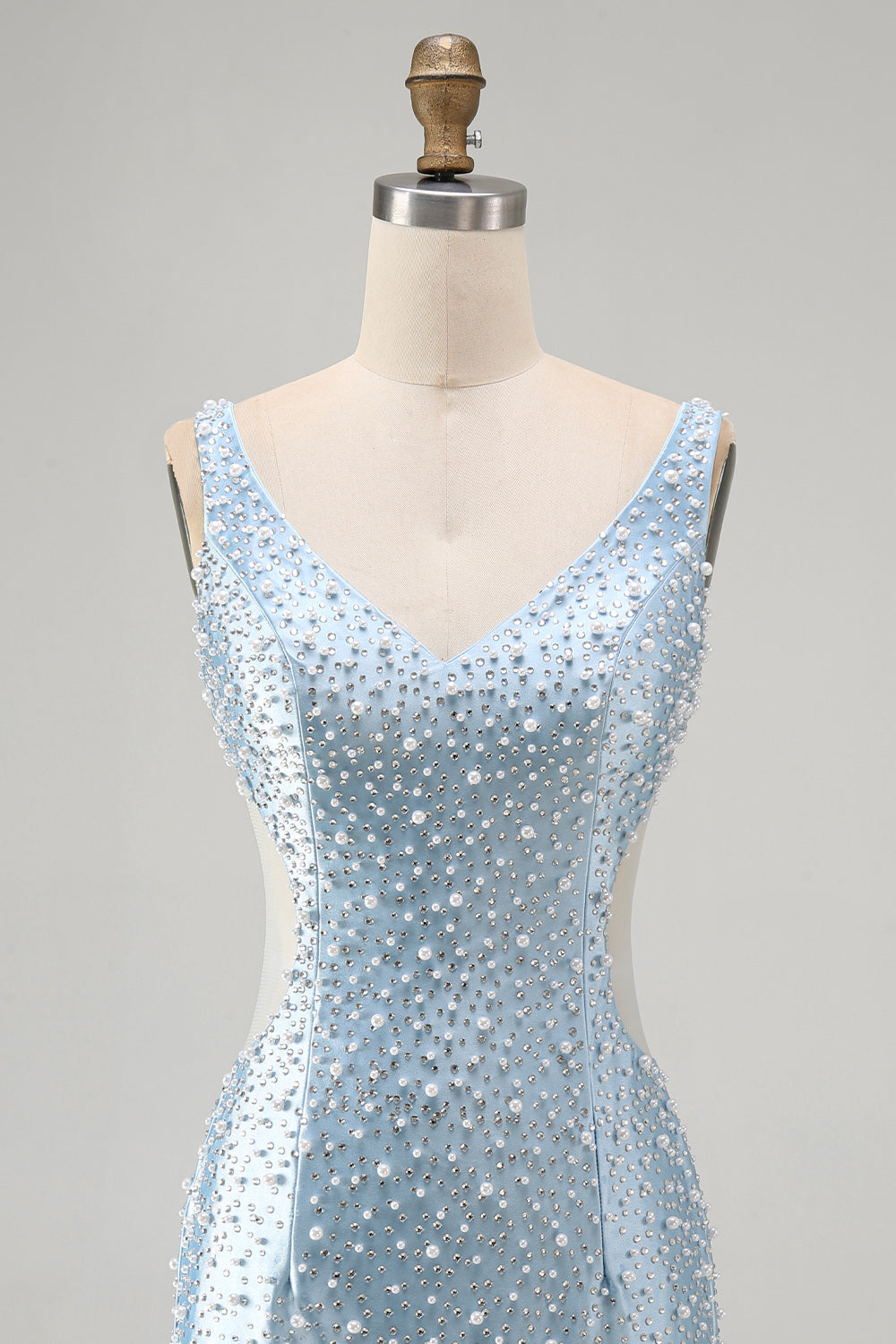 Blue Bodycon V Neck Corset Cut Out Beaded Short Pearl Homecoming Dress