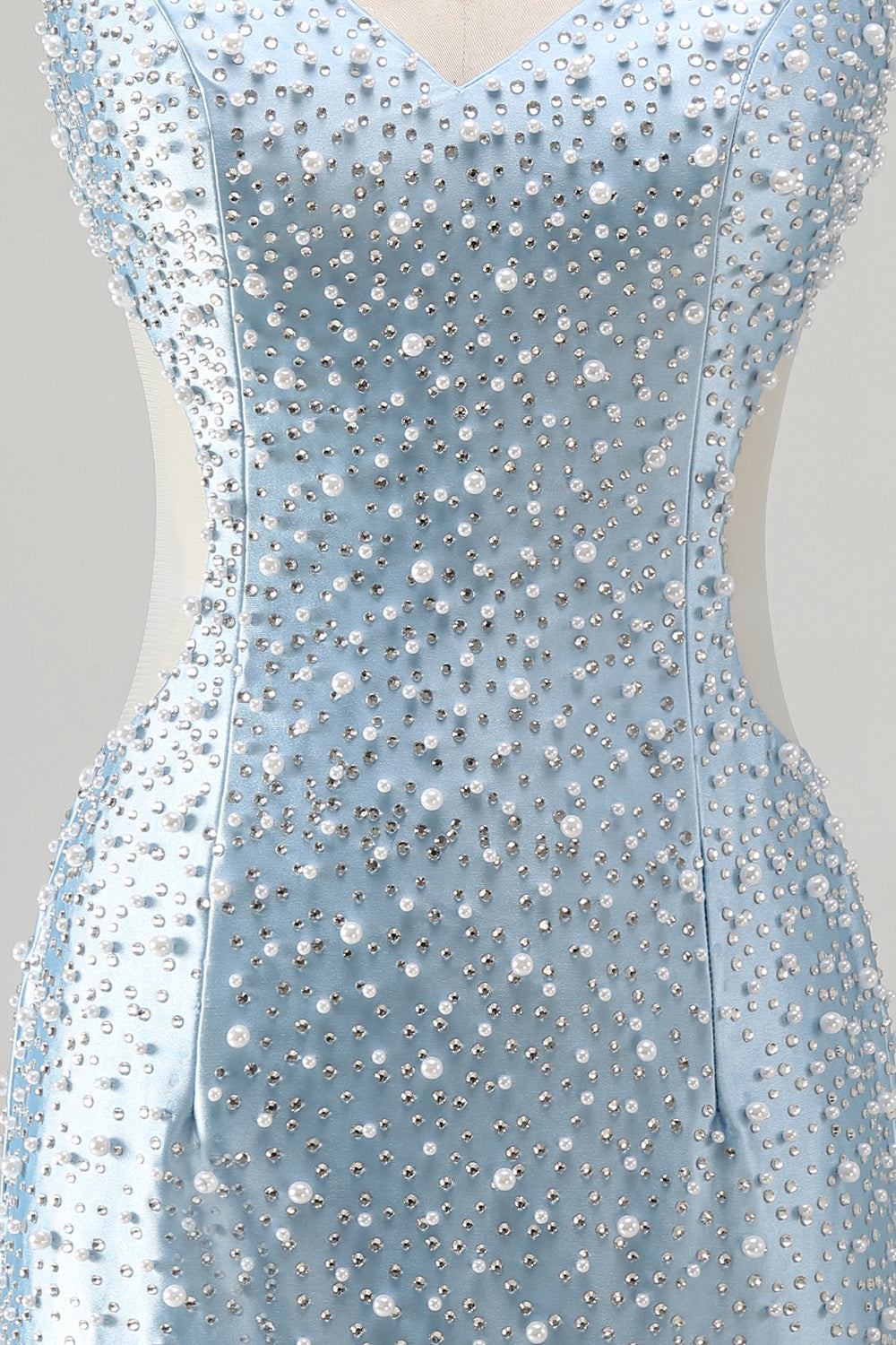 Blue Bodycon V Neck Corset Cut Out Beaded Short Pearl Homecoming Dress