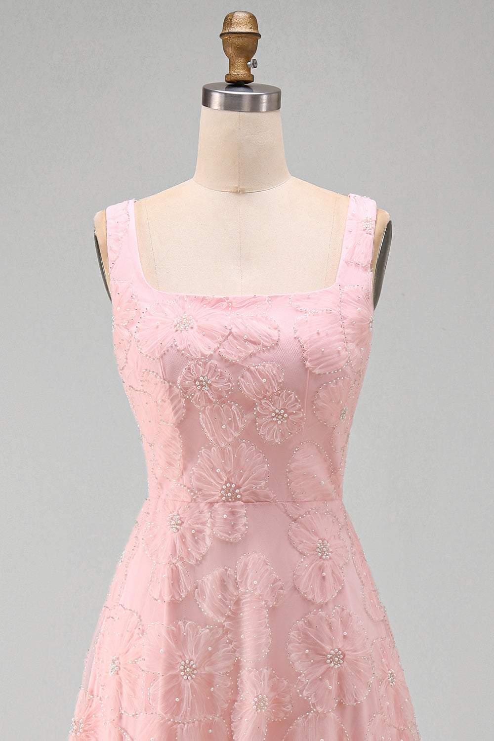 Green A-Line Square Neck Beaded Midi Floral Dress with Lace Up Back