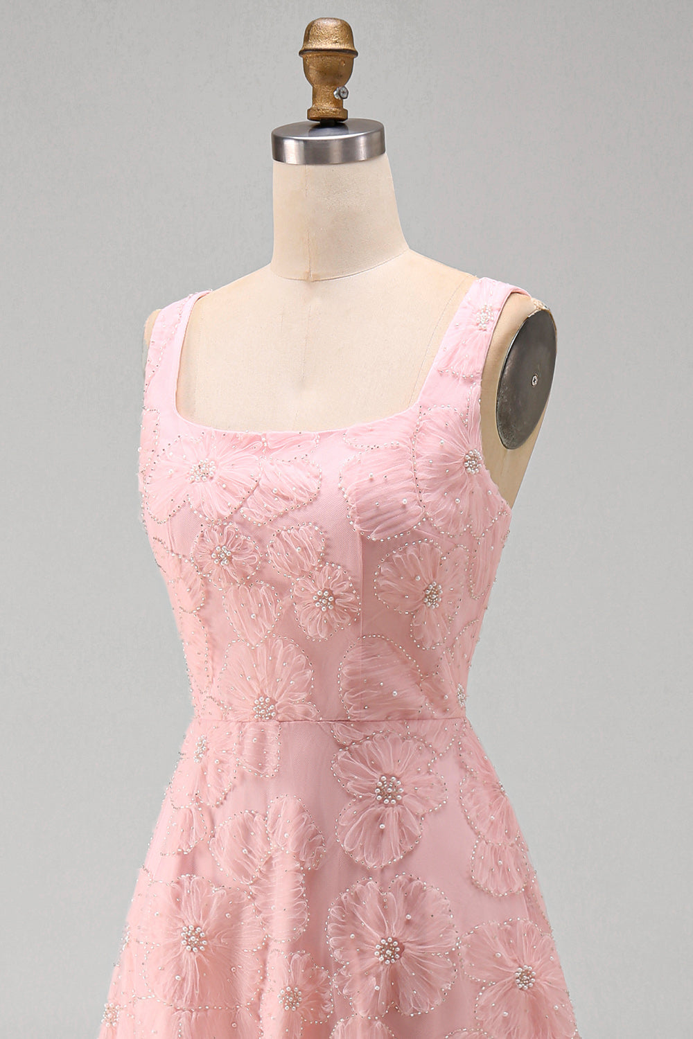 Green A-Line Square Neck Beaded Midi Floral Dress with Lace Up Back