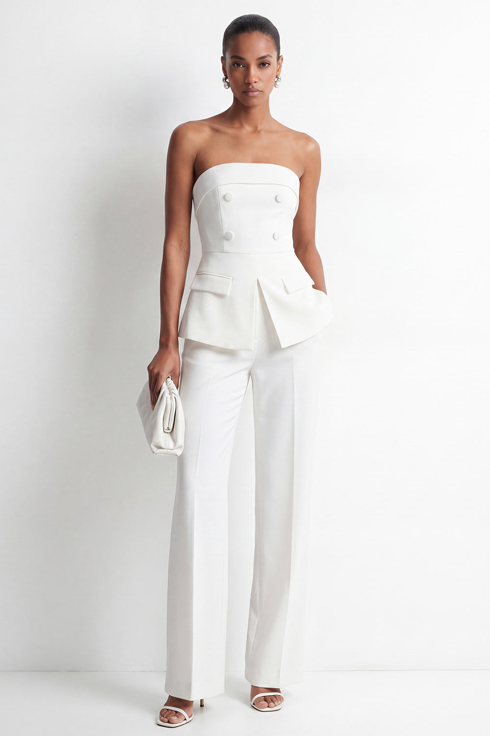 Ensemble tailleur femme 2 pièces blanc sans bretelles double boutonnage coupe ajustée