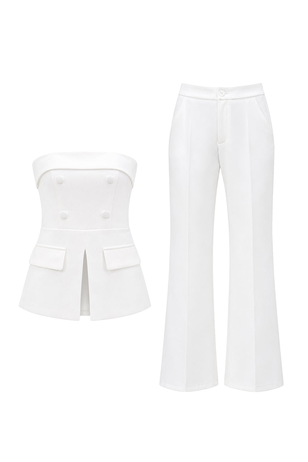 Ensemble tailleur femme 2 pièces blanc sans bretelles double boutonnage coupe ajustée