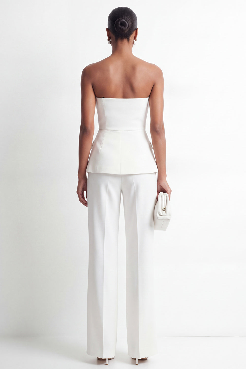 Ensemble tailleur femme 2 pièces blanc sans bretelles double boutonnage coupe ajustée