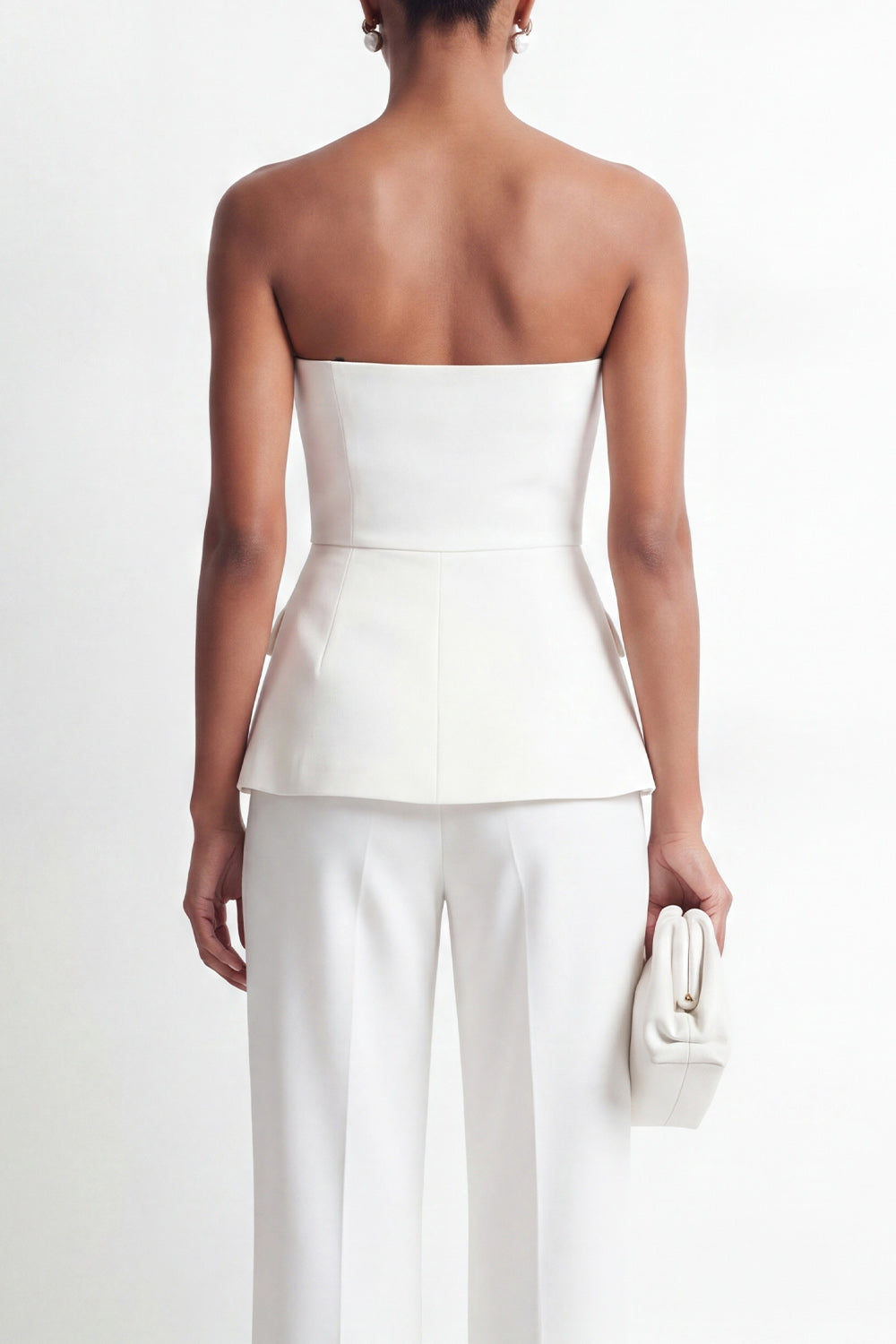 Ensemble tailleur femme 2 pièces blanc sans bretelles double boutonnage coupe ajustée