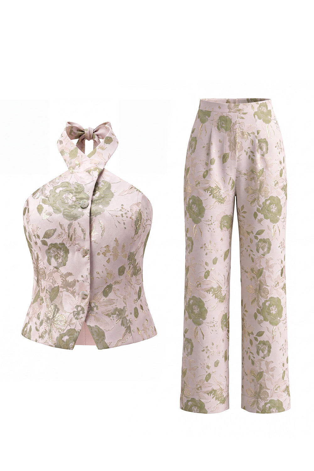 Ensemble tailleur femme jacquard 2 pièces à col licou et simple boutonnage Green Flower