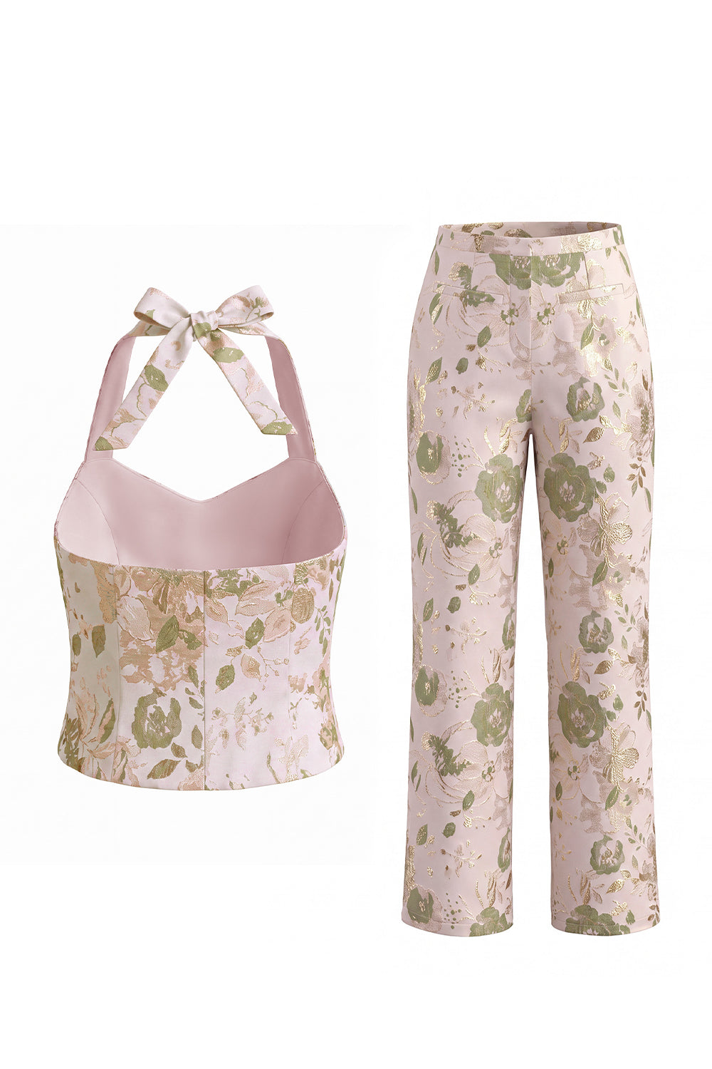 Ensemble tailleur femme jacquard 2 pièces à col licou et simple boutonnage Green Flower