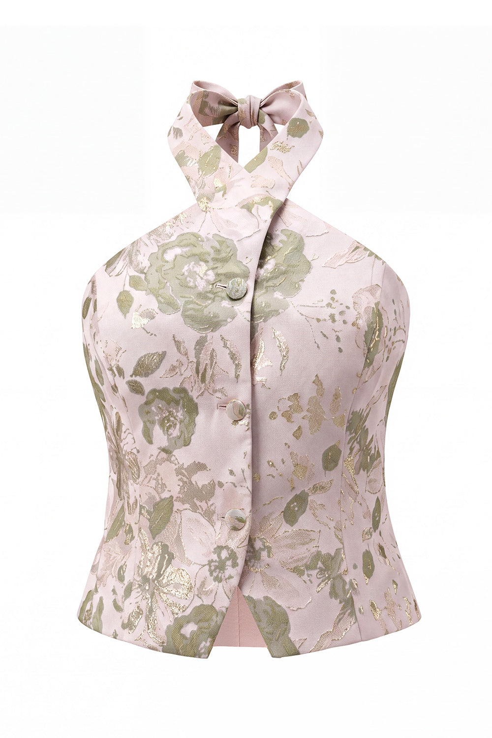 Ensemble tailleur femme jacquard 2 pièces à col licou et simple boutonnage Green Flower
