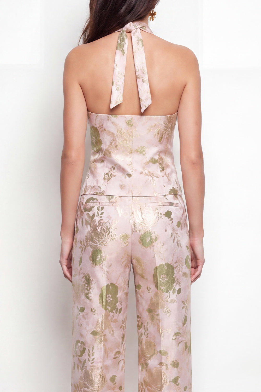 Ensemble tailleur femme jacquard 2 pièces à col licou et simple boutonnage Green Flower