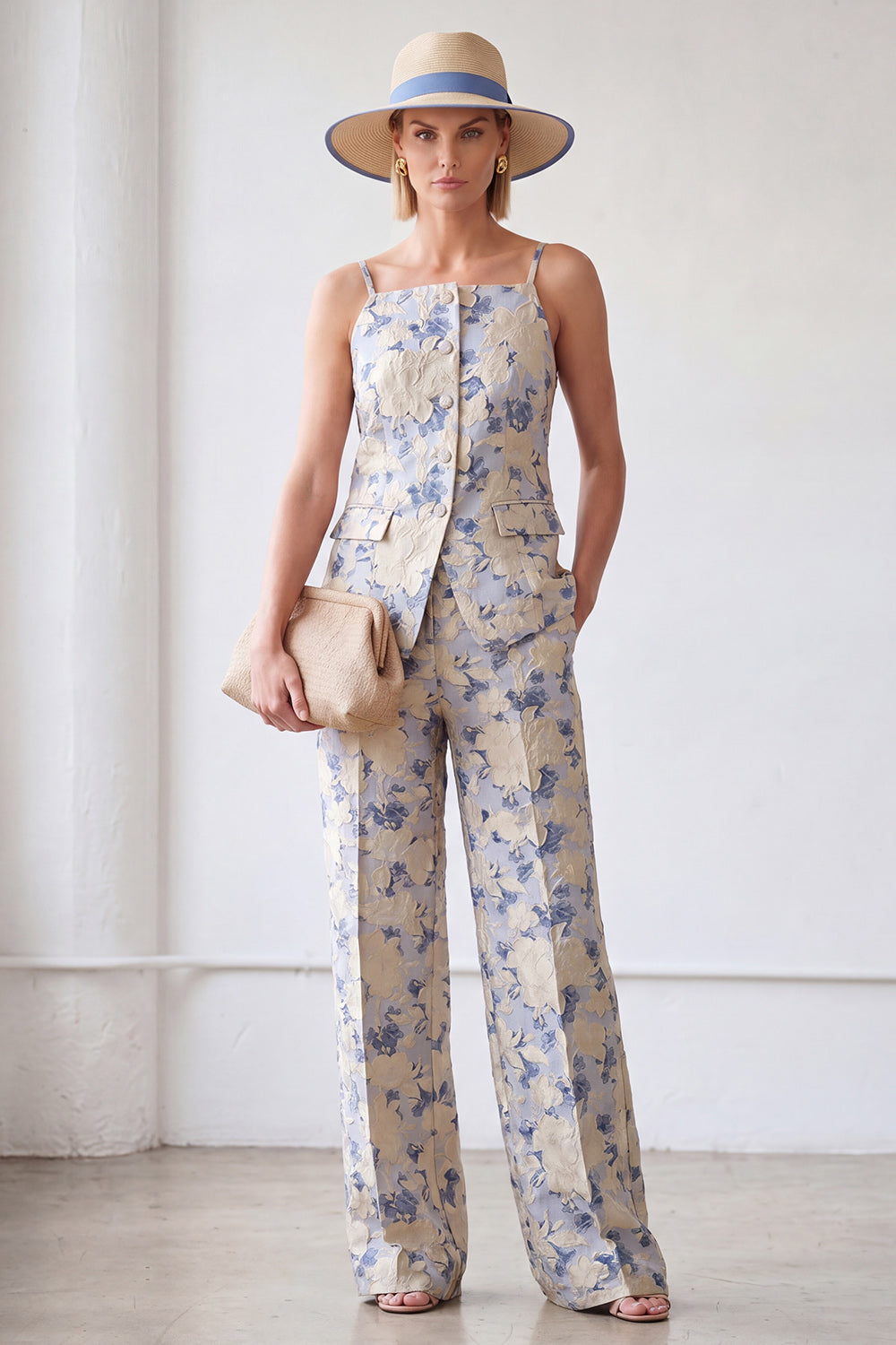 Costume 2 pièces simple boutonnage jacquard fleurie bleu pour femme