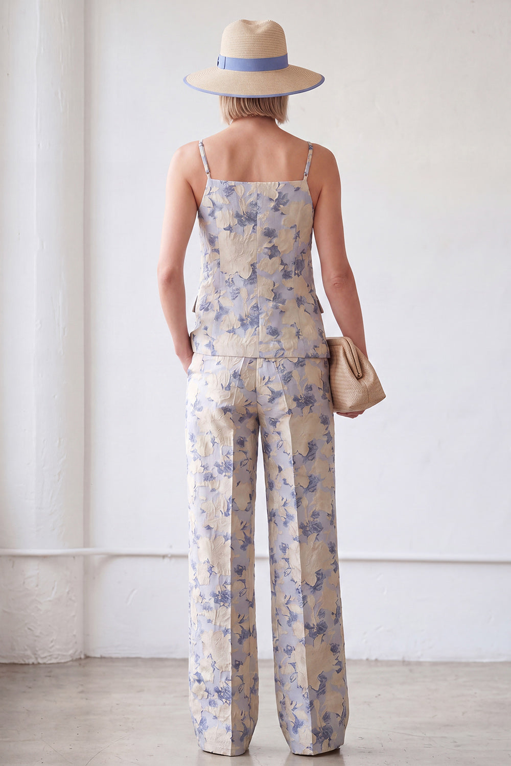 Costume 2 pièces simple boutonnage jacquard fleurie bleu pour femme