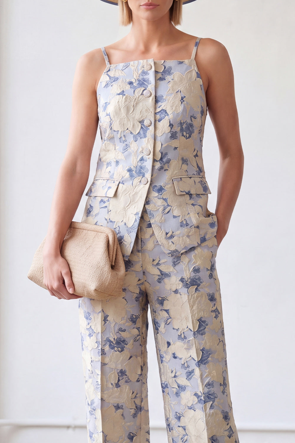 Costume 2 pièces simple boutonnage jacquard fleurie bleu pour femme