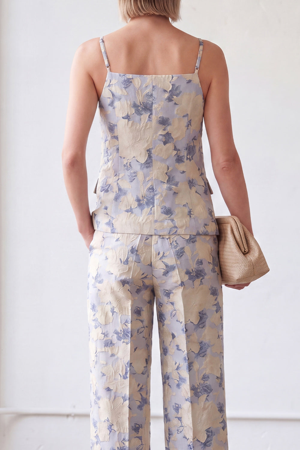 Costume 2 pièces simple boutonnage jacquard fleurie bleu pour femme