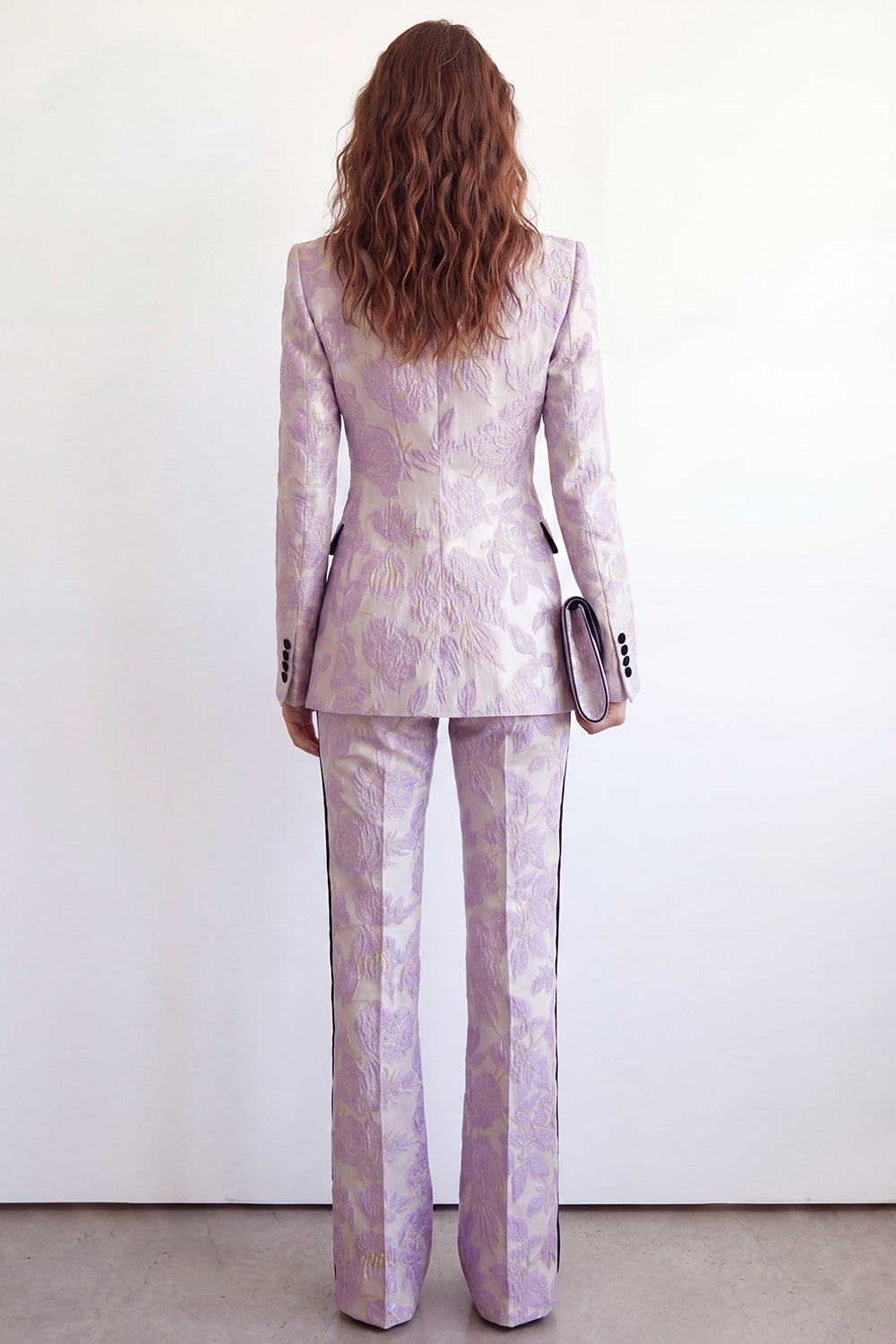 Purple Flower 2 Piece Peak Lapel One Button Jacquard Slim Fit Women Suits