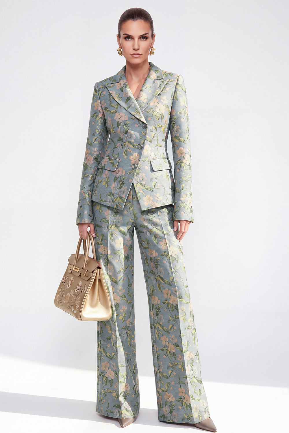 Peak Lapel Grey Blue 2 Piece Single Breasted Floral Women Suits