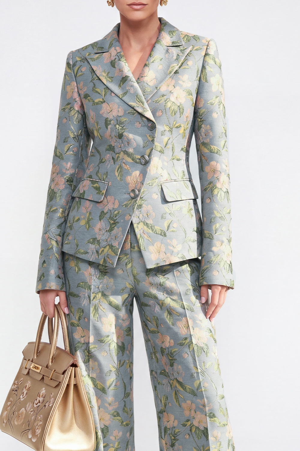 Peak Lapel Grey Blue 2 Piece Single Breasted Floral Women Suits