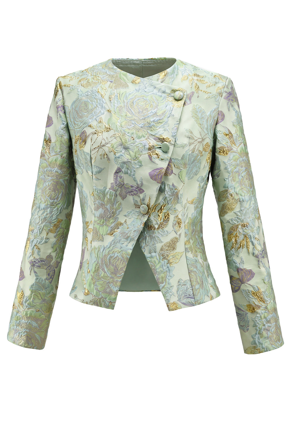 Green Flower 2 Piece Round Neck Single Breasted Jacquard Women Suits