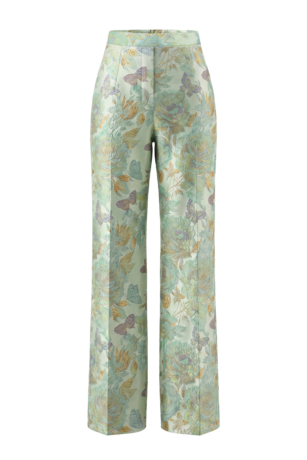 Green Flower 2 Piece Round Neck Single Breasted Jacquard Women Suits