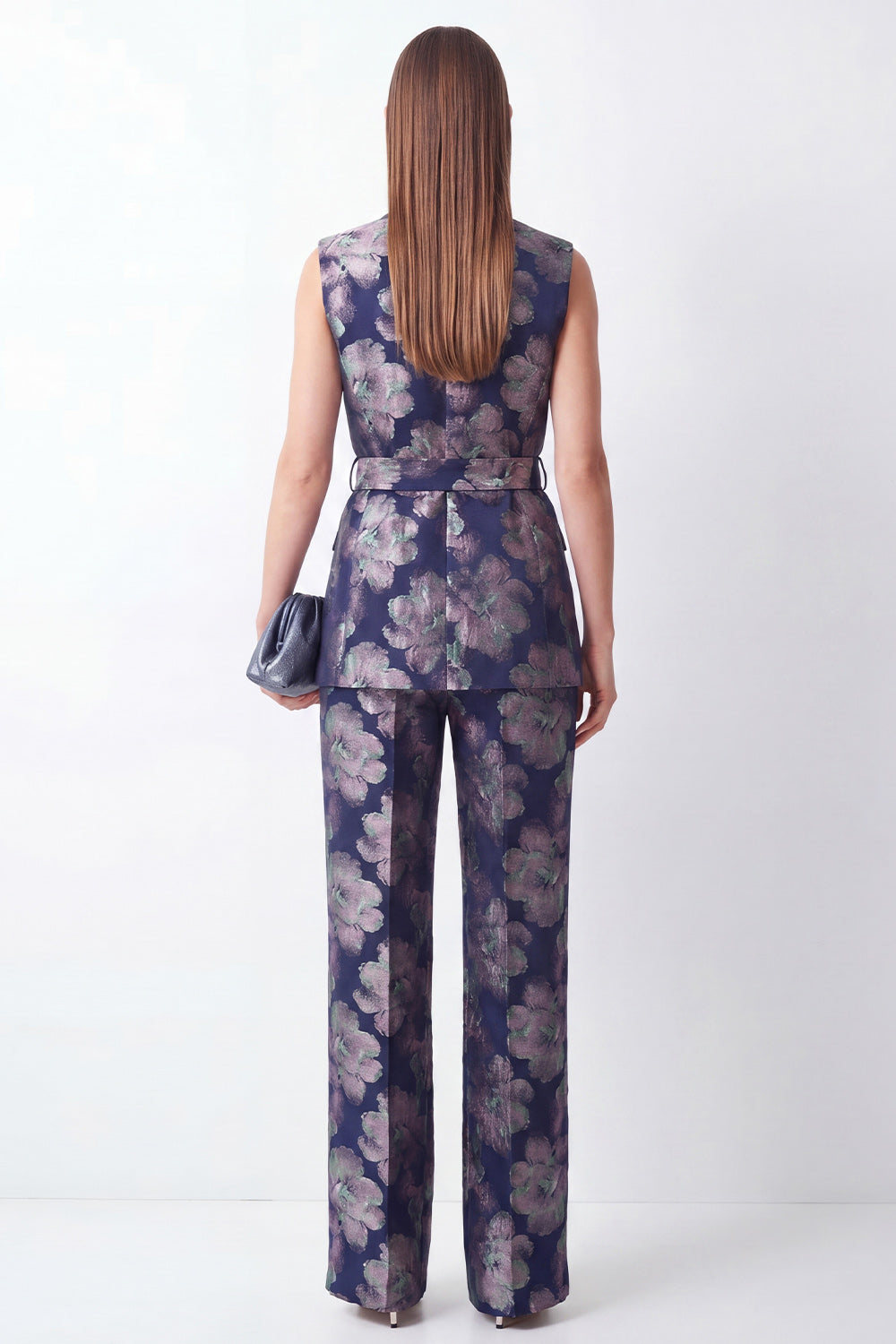 Navy Jacquard 2 Piece Shawl Lapel Women Suits with Belt