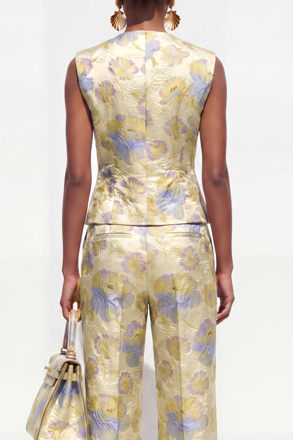 Yellow Flower 2 Piece V-Neck One Button Jacquard Women Suits