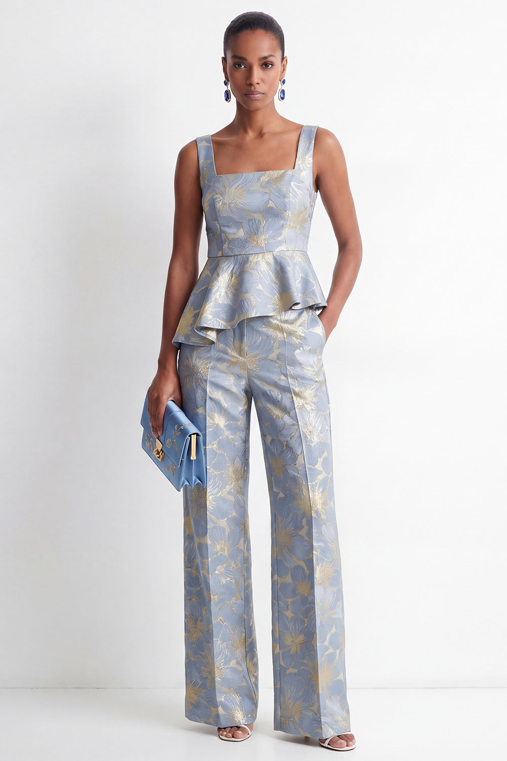 Ensemble Femme Deux Pièces Jacquard Col Carré Volants Gris Bleu