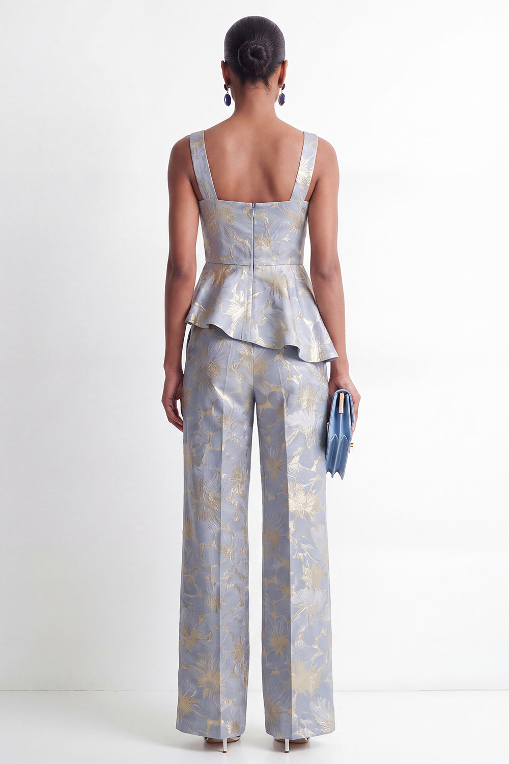 Ensemble Femme Deux Pièces Jacquard Col Carré Volants Gris Bleu