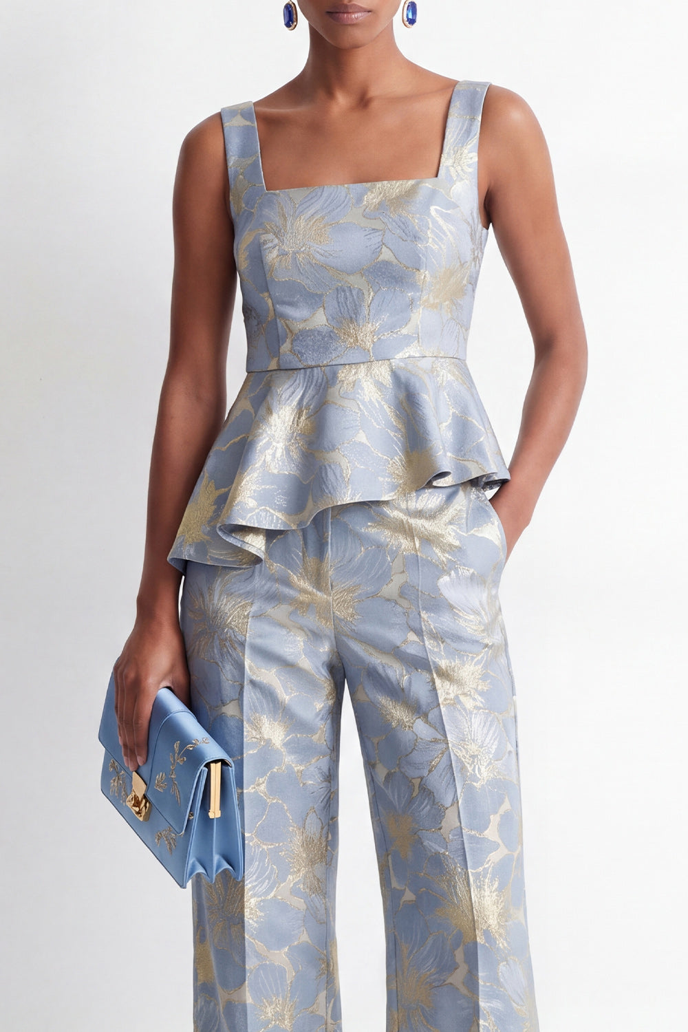 Ensemble Femme Deux Pièces Jacquard Col Carré Volants Gris Bleu