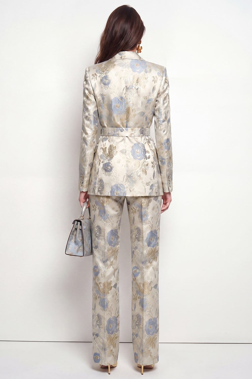 Grey Blue Flower 2 Piece Peak Lapel Satin Double Breasted Women Suits with Belt