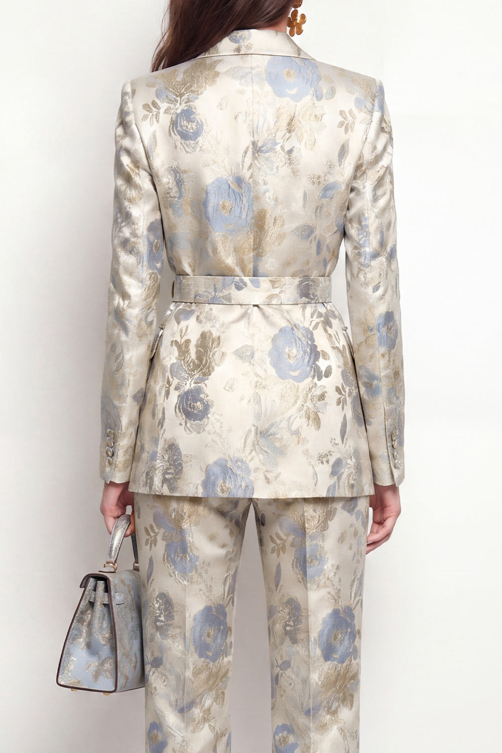 Grey Blue Flower 2 Piece Peak Lapel Satin Double Breasted Women Suits with Belt