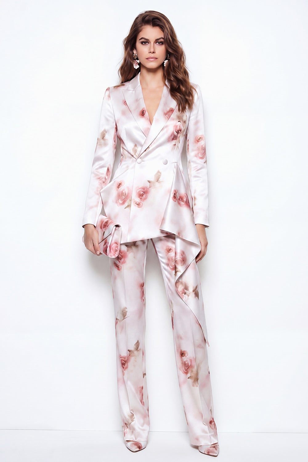 2 Piece White Red Flower Satin Peak Lapel Double Breasted Floral Women's Suits