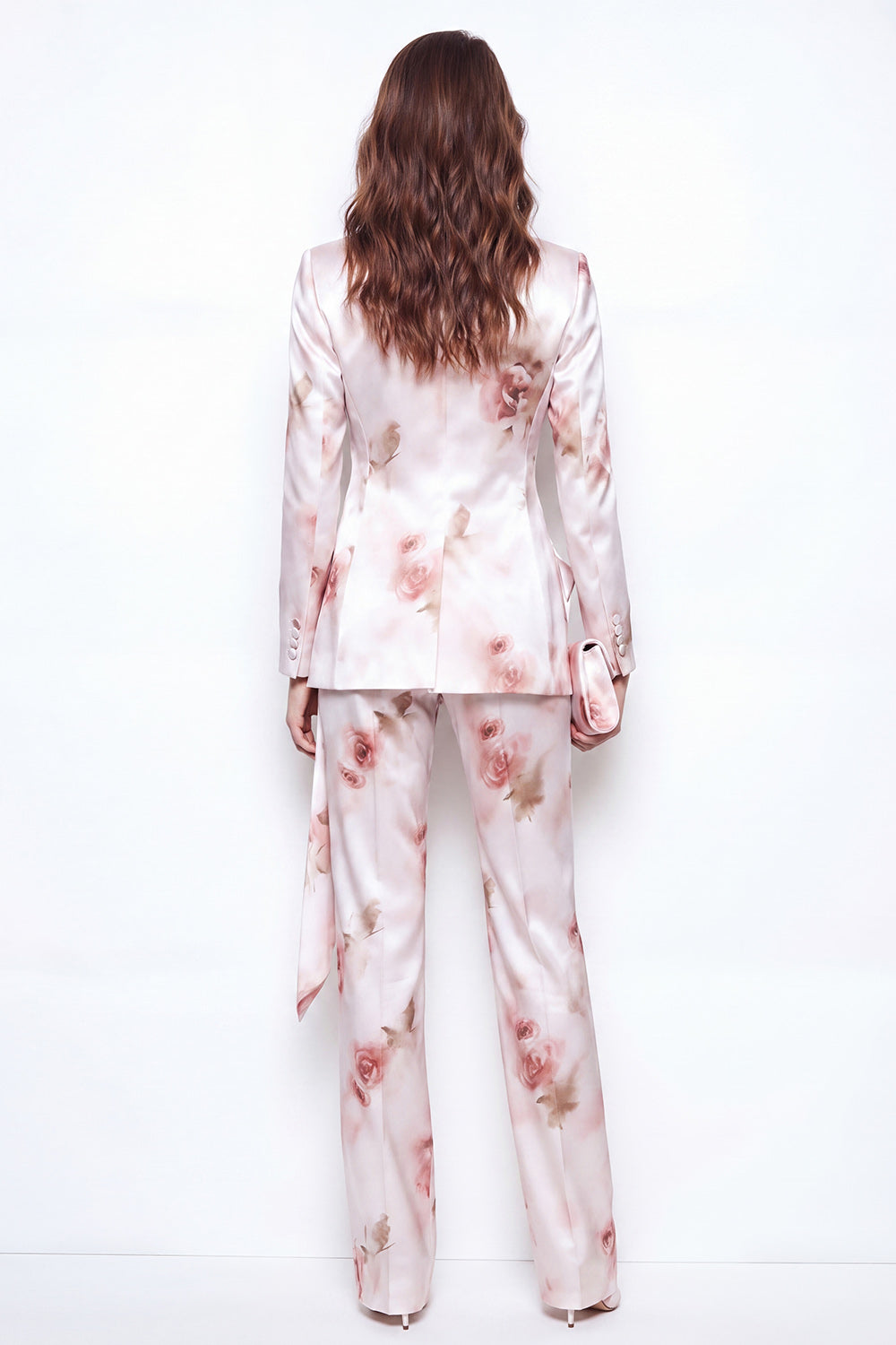 2 Piece White Red Flower Satin Peak Lapel Double Breasted Floral Women's Suits