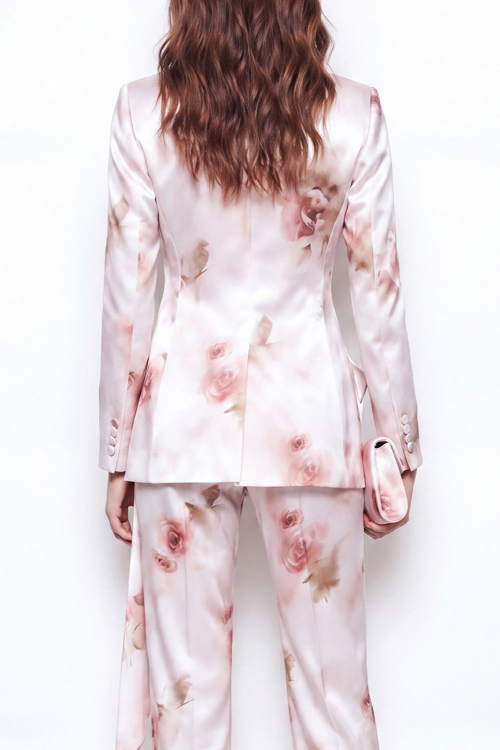 2 Piece White Red Flower Satin Peak Lapel Double Breasted Floral Women's Suits