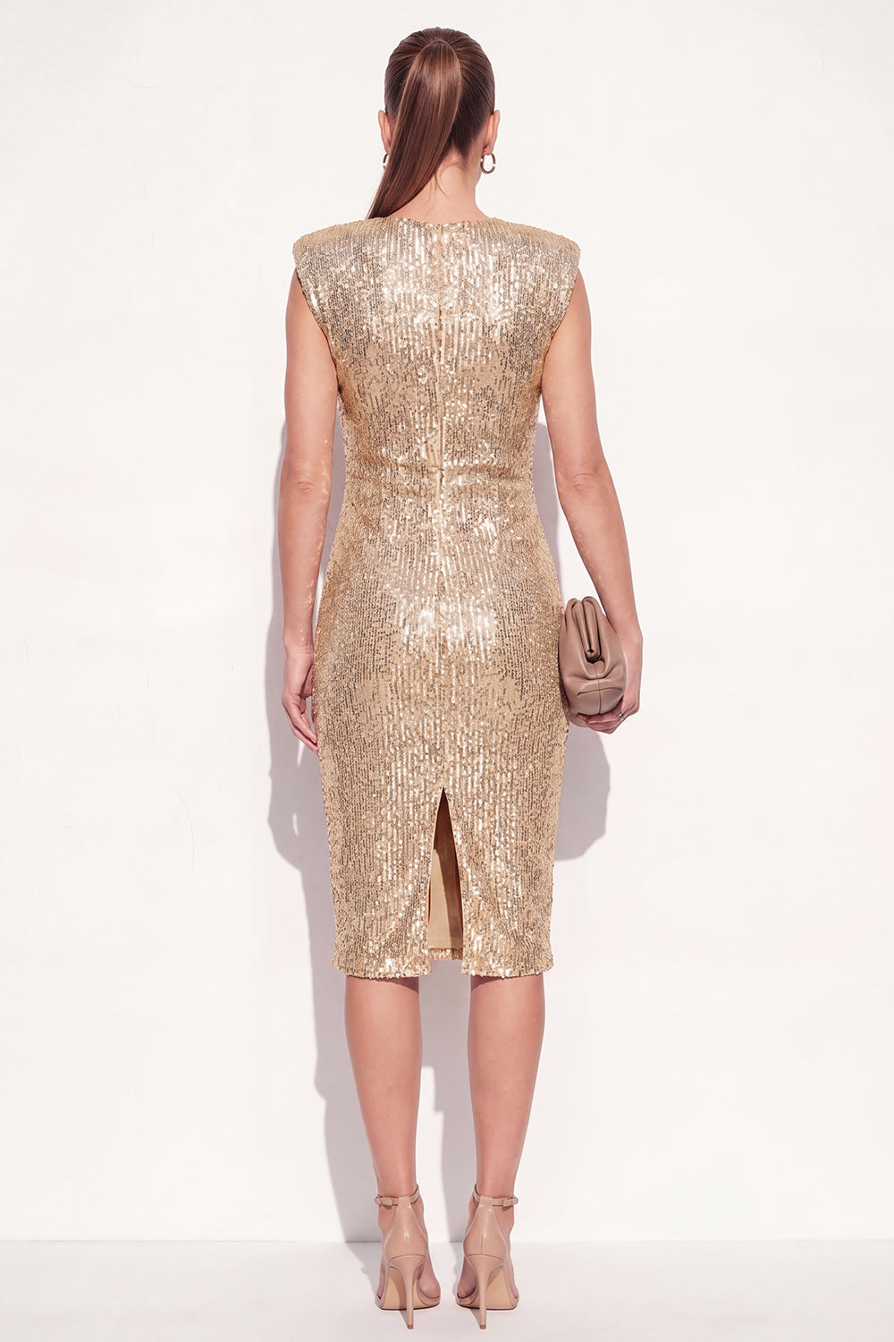 Robe midi de travail moulante à col rond dorée scintillante à paillettes avec fente