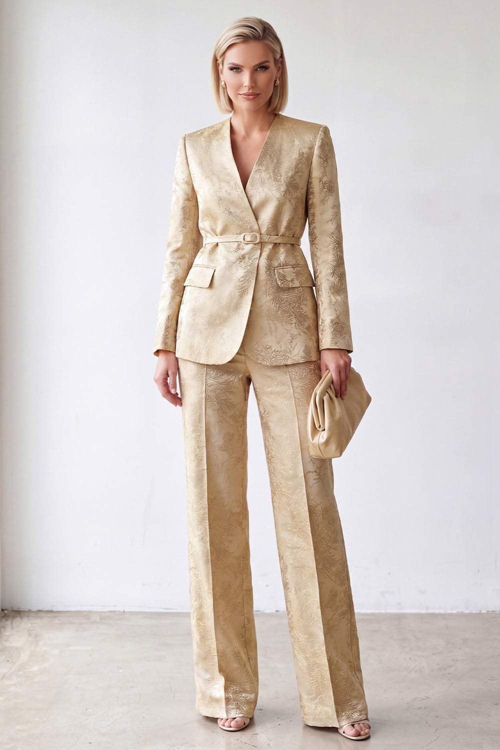 2 Piece Golden V-Neck Jacquard Women Suits with Belt