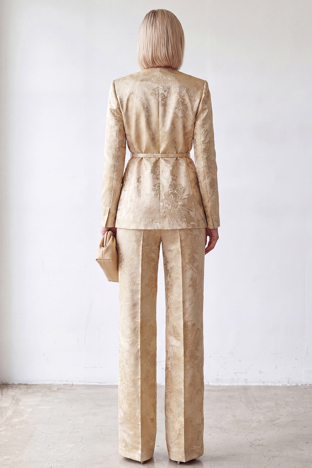 2 Piece Golden V-Neck Jacquard Women Suits with Belt