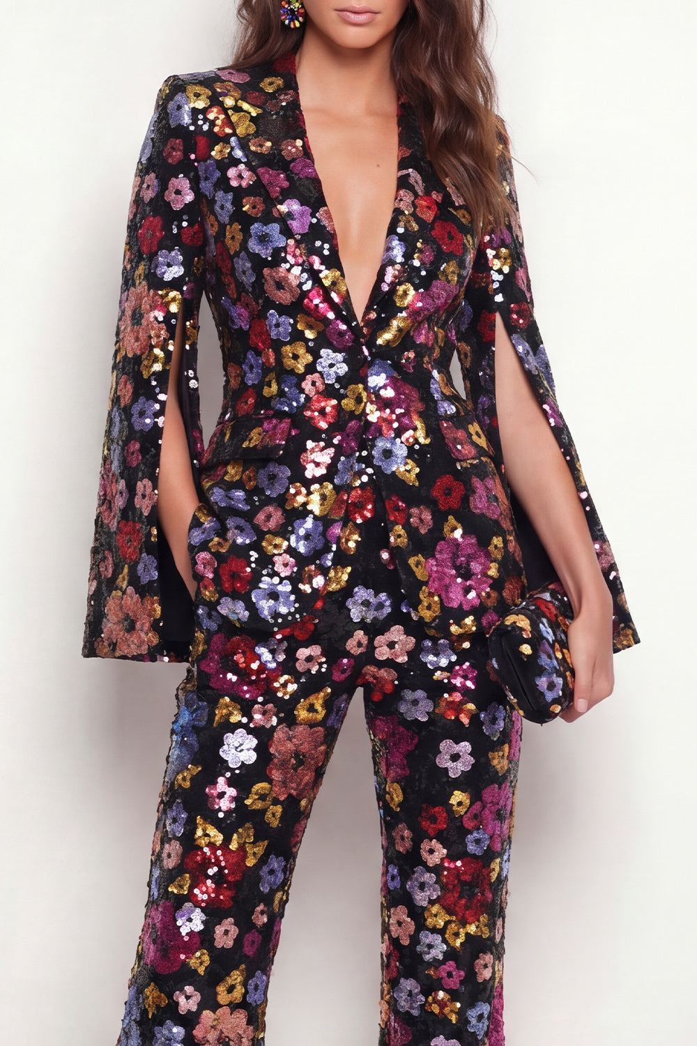Sparkly Black Peak Lapel One Button Floral Sequins Women Suits