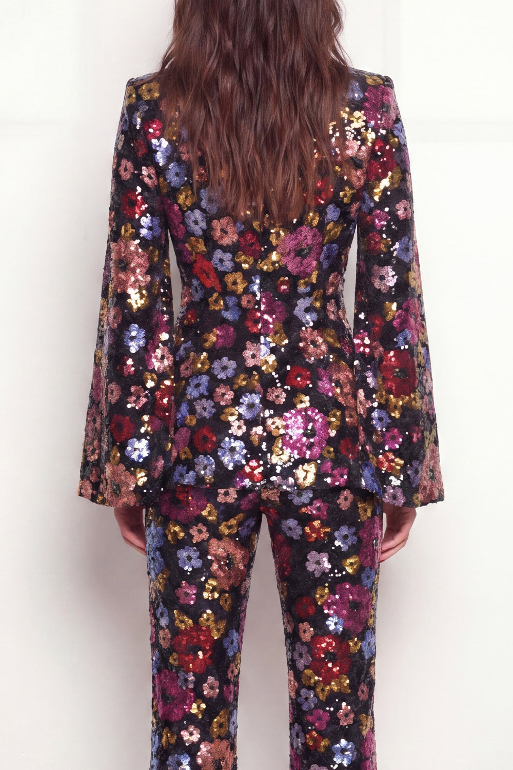 Sparkly Black Peak Lapel One Button Floral Sequins Women Suits