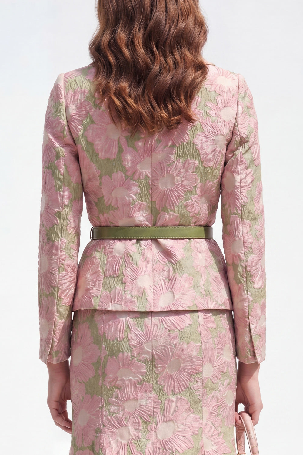2 Piece Green Pink Flower Notch Lapel Single Breasted Jacquard Midi Work Dress with Belt