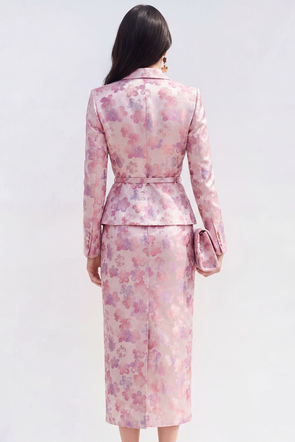 Pink Fuchsia Flower Satin 2 Piece Peak Lapel Midi Dress with Slit