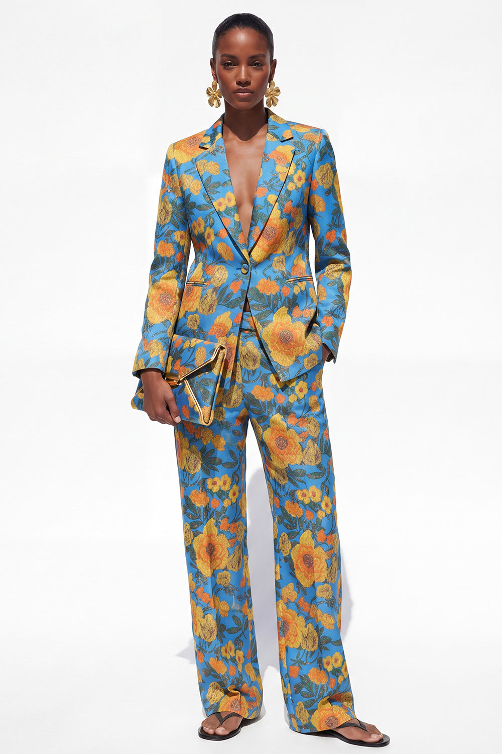 Blue Floral 2 Piece Notch Lapel One Button Women Suits