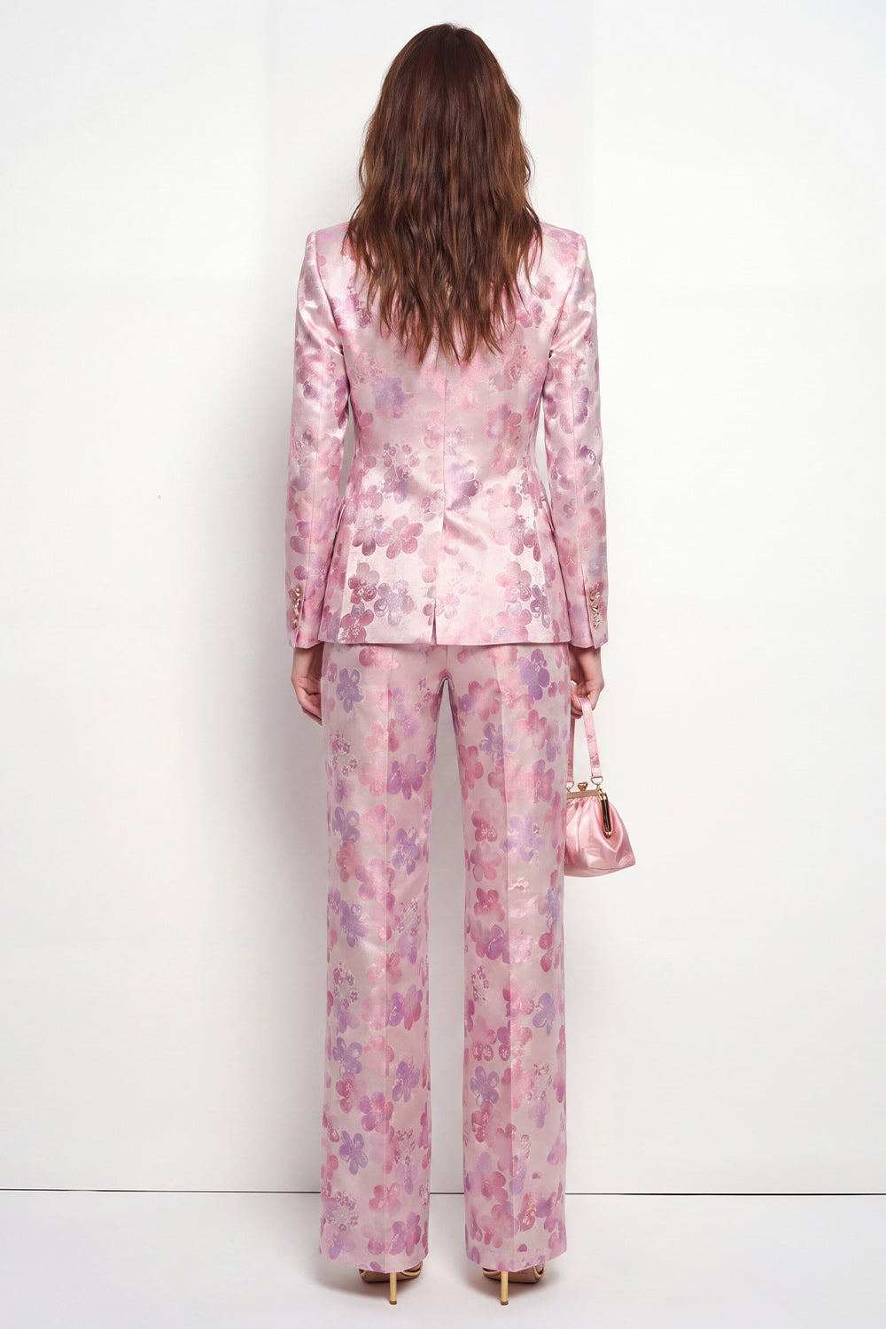 Tailleur Femme 2 Pièces à Revers Cranté avec Fleurs Fushia Rose et un Bouton