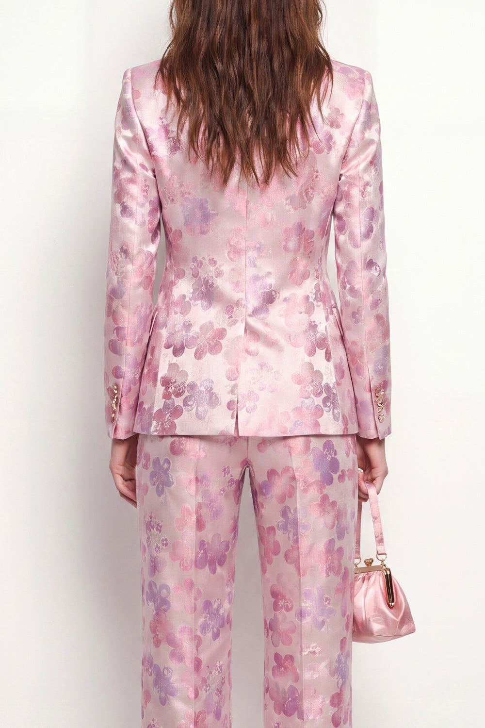 Tailleur Femme 2 Pièces à Revers Cranté avec Fleurs Fushia Rose et un Bouton